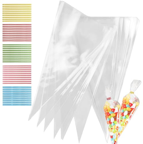 50 pcs Süssigkeiten Tüten Spitz+50 Twist Ties,Dreieckige Tüten Durchsichtig | Cellophantüten Spitztüten Transparent,Bonbon Tüten,Cellophantüten Dreieckig,Cone Tüte,für Weihnachten,Party,13 * 25cm