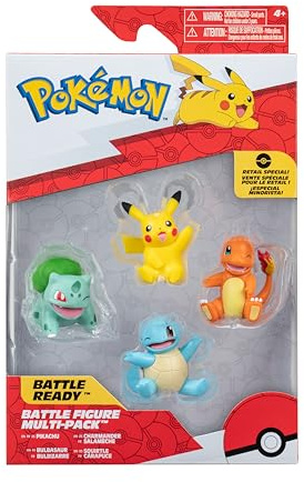 Bizak Pokemon Pack 4 figuras mini de la región Kanto, Pikachu, Bulbasaur, Squirtle y Charmander, producto oficial, coleccionistas fans de la serie de anime y para niños a partir de 4 años, (63222977)