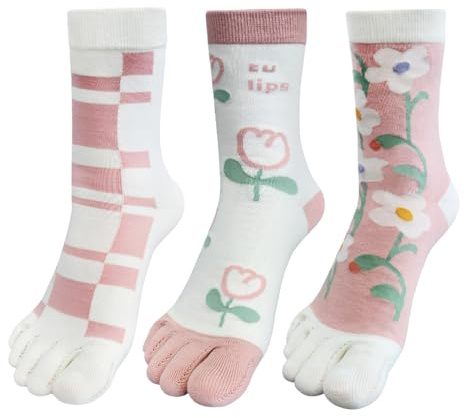 HOMSSEM Calcetines de algodón con cinco dedos para mujer y niña, calcetines coloridos al tobillo, calcetines atléticos para correr, calcetines separados, 10 Pink Lady 3pair, M