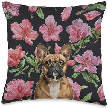 French Bulldog Pink Rhododendrons Vintage Flower Pattern Throw Pillow