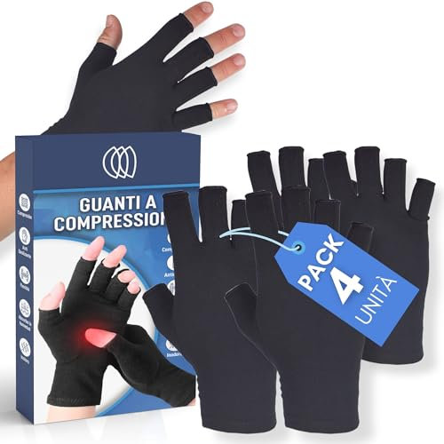 Podcase Confezione da 4 Guanti a Compressione per Artrite - Uomo e Donna, Riduzione dell'Infiammazione, Senza Dita per Mani - Adatti per Lavoro, Gaming - Nero, S
