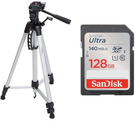 Amazon Basics 152 cm (60-Inch) Lightweight Camera, DSLR and Binocular Tripod with Bag, Black & SanDisk 128GB Ultra SDXC card up to 140 MB/s with A1 App Performance UHS-I Class 10 U1