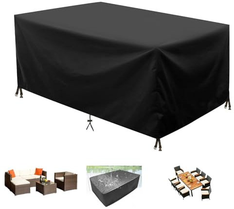 Leju Art Abdeckung Gartenmöbel-360x105x90cm(LxWxH)-Wasserdicht 420D Oxford Gewebe Staubfest Abdeckplane Gartenmöbel Regenschutz für Sofa Tisch Stühle Rechteckig Gartentische Abdeckung-Schwarz