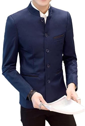 Tiwate Men's Mandarin Collar Chinese Tunic Suits Traditional Uniform for Wedding Festival Stand Collar Tweed Suit Jackets (3XL,Blue)