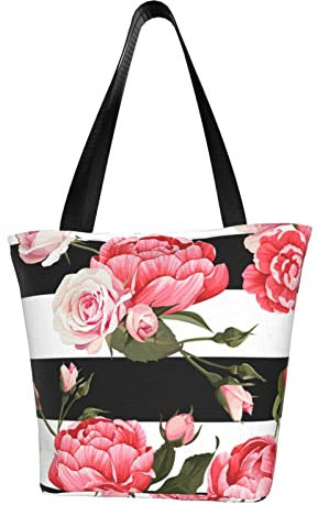 AABSTBFM Black White Striped Flowers Printed Large Tote Bag For Women Ladies Girls - Versatile Shoulder Bag, Shopper Handbag, And Beach Bag