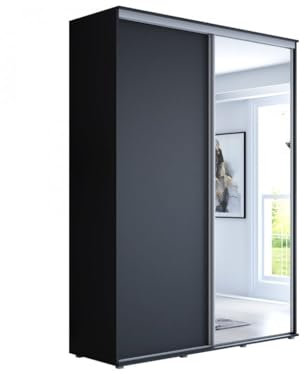 Meble Slupia Schwebetürenschrank Maja 1 - Kleiderschrank mit Spiegel, Schiebetürenschrank, Kleiderstange und Einlegeboden - Schlafzimmerschrank Schiebetüren - 140 x 242 x 61 cm, Schwarz
