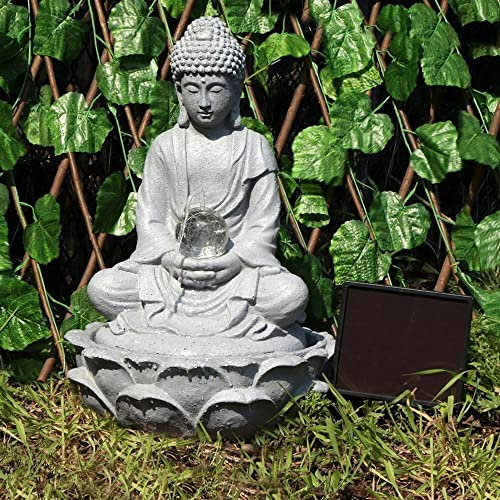 GLETSF Fuente de Agua para jardín al Aire Libre Fuente de Agua Solar de Buda con Bola de luz Cascadas de pie Fuentes para decoración del Patio del hogar