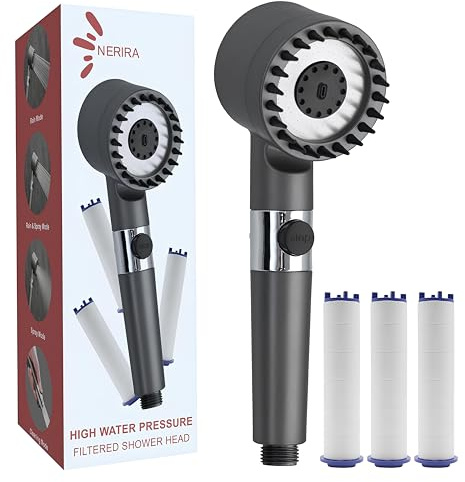 NERIRA® Alcachofa de Ducha con Filtro Antical para Agua Dura – Alta Presión y Purificación para Piel Sensible y Cabello Seco – Cabezal de Ducha SPA con Masaje y Ahorro de Agua – 3 Filtros de Recambio