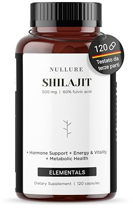 Nullure Shilajit Puro Himalayano Capsule | 60% Acido Fulvico + 12% Acido Umico |Antinfiammatorio · Neuroprotettivo · Recupero Muscolare e da Sforzo | Integratore Natural e Original | 120 caps (2 mesi)