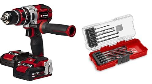 Einhell Atornillador inalámbrico TE-CD 18Li-i Brushless Power X-Change con función de impacto, 18V, 2 velocidades, 60 Nm, luz LED, maletín, 2 baterías de 2,0Ah y cargador +E-Case S Brocas 10P