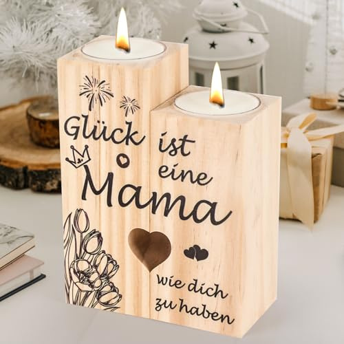 Muttertagsgeschenke für Mama, Seutgjie Mama Geschenk zum Geburtstag Muttertag Weihnachten für Mama Werdende Mutter Schwiegermutter Personalisierte Kerzenständer Holz