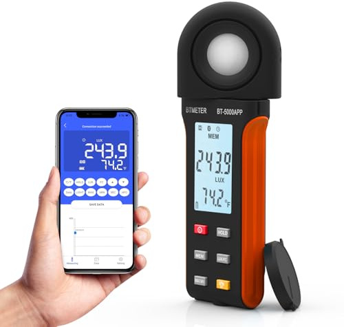 BTMETER Illuminance Light Meter w/Bluetooth - Digital Lumen Tester Measure Lighting Level Intensity 1~400,000 Lux(Foot Candle 1~37,160) Luxometer with 270º Rotated Sensor Data Logging for Plants Grow