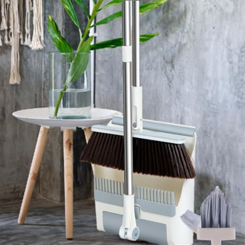 All-in-One Foldable Cleaning Kit - 5-in-1 Broom/Dustpan/Pet Hair Roller/Window Squeegee/Wire Brush Thickened Handle &Ergonomic Broom & Collapsible Dustpan
