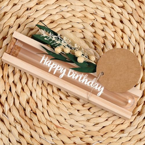 Hestya Geburtstag Geldgeschenk Verpackung Happy Birthday Reagenzgläser mit Holzsockel Transferaufkleber Getrockneten Blumenstrauß Glücksbringer für Freunde Geburtstag Samen Gutscheinen