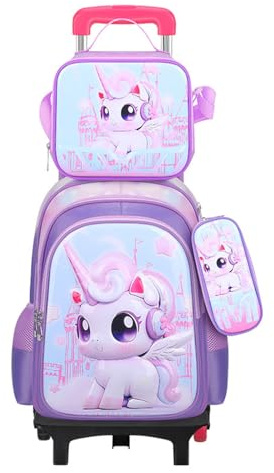 MYSNKU Three-piece Set Cute Rolling Backpack with Lunch Bag School Girls Boys, Lightweight Trolley Travel Bag with 6 Wheels Classic Roller Luggage (Purple unicorn)