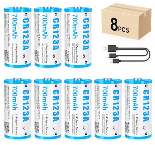 Lot de 8 piles au lithium CR123A 3 V rechargeables par USB, jusqu'à 3000 cycles avec port de charge USB-C, charge rapide en 2 heures, batterie 123 A 700 mAh pour serrure de porte, empreintes digitales