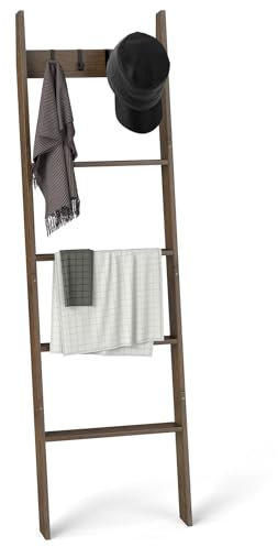 COSTWAY Handtuchleiter Bambus, Leiterregal Handtuchhalter mit 4 Haken, 5 Sprossen und Anti-Kipp-Gurten, Deckenleiter für Wohnzimmer, Badezimmer, Handtuchständer braun 43 x 8 x 148 cm