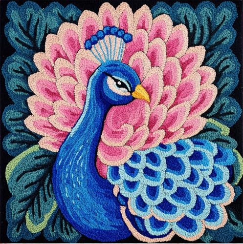 Rqwybcaxn Kit De Cojín De Gancho De Pestillo, Flor Rosa Pavo Real Azul Juego De Bordado De Alfombras, Patrón De Lona De Ganchillo, Manualidades Para Niños, Adultos Y Principiantes, 17 X 17 Pulgadas