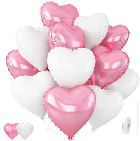 Gleemix Perle Rosa Weiß Herzluftballons, Herz Folienballon Helium Ballons | 12 Stück Perle Rosa Weiß Herzballons, 18 Zoll Helium Luftballons Herzluftballons, Verlobung Hochzeit Valentinstag Geburtstag