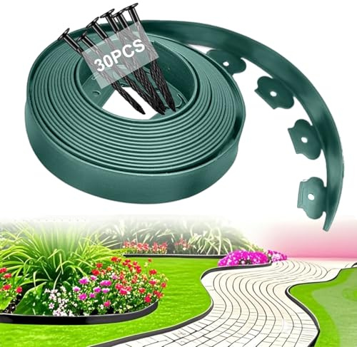 Bordillo para Césped Flexible de Plástico, Rejilla para Césped, Bordillo de Jardín para Delimitación, Jardín, Terraza y Parterres, 10m×5cm Alto con 30 Piquetes de Anclaje, Verde