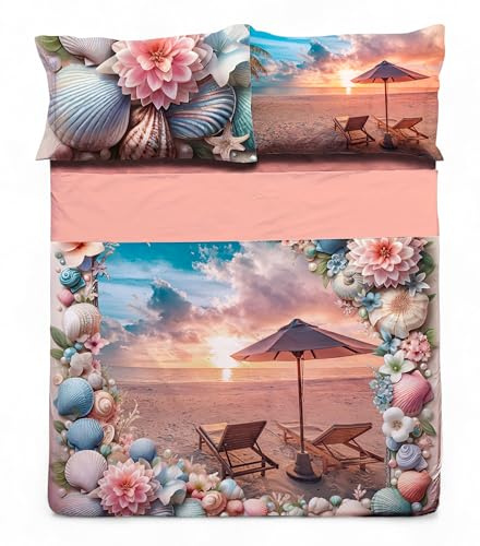 Tex family Juego de cama de matrimonio de verano – Colcha sábana sábana algodón 100% con impresión digital – Fundas reversibles con solapa