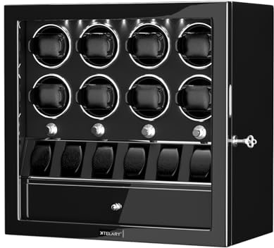 XTELARY Caja giratoria para Relojes con Cerradura para 2/4/6/8 con Espacio de Almacenamiento, cajón de Almacenamiento, 4 Modos de rotación, luz LED Blanca, Motor supersilencioso y cojín de Reloj de