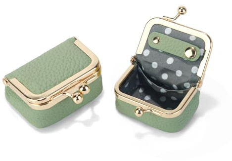 Nefokfdus Genuine Leather Mini Jewelry Box Coin Purse for Women,Solid Color Kiss Lock Jewelry Case Organizer,Mini Travel Ring Box, Green, Small