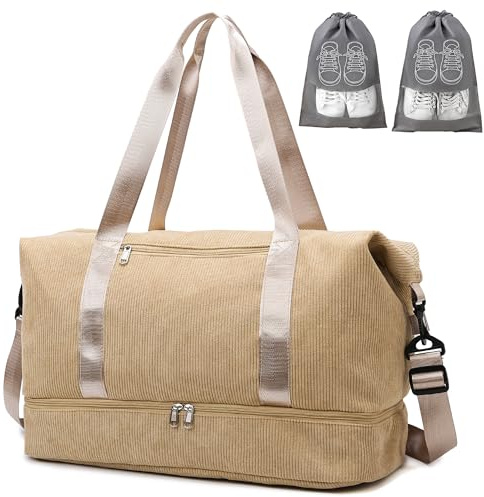 IBALULU Sporttasche Reisetasche Damen, 35L Weekender Travel Duffle Bag mit 2 schuhbeuteln, Schuhfach & Nassfach, Cord Strandtasche Trainingstasche Handgepäck Tasche für Gym, Reisen, Urlaub