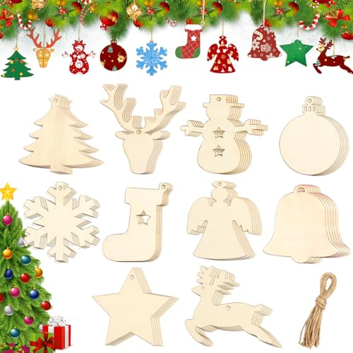 60 Stück Bastelset Weihnachten, Holzanhänger zum Bemalen