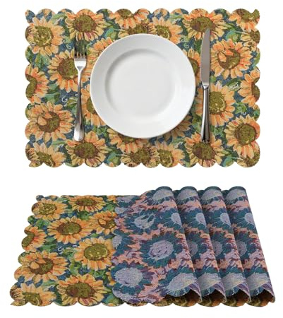 Komforbaa Set da 4 Tovagliette in Poliestere Stile Girasole Dipinto ad Olio, Lavabili e Antiscivolo Sottopiatti per Cucina, Tovagliette Vintage Decorative e Durevoli Giallo 45x30cm