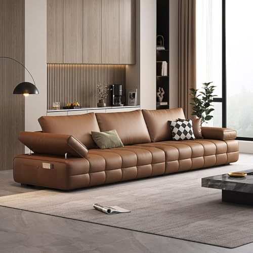 Italiensk lyxig enkel lädersoffa, massiv träram, rymlig och mjuk soffa, modern stor storlek, lämplig för vardagsrum/kontor/lägenhet.