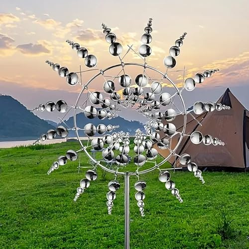 Einzigartige und Magische Metall Windmühle, 3D Windbetriebene Windspiel Garten, Gartenstecker Metall Wind Spinner, für Terrasse Rasen und Garten Dekoration (Silber)