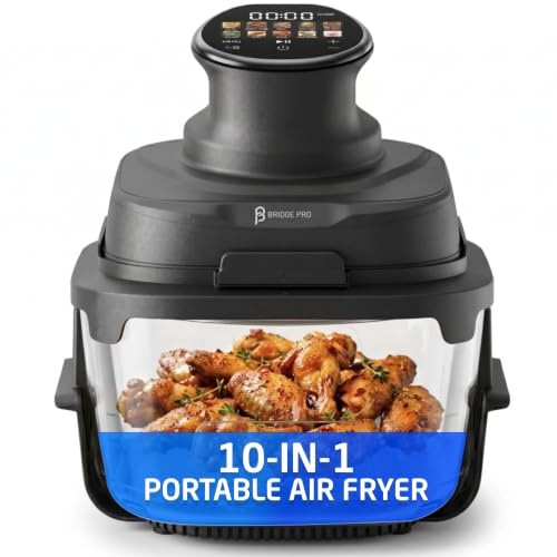 Bridge Pro Portable Air Fryer 3L & 5.5L Air Fryer - 2x Glass Containers | 1500W, 10-in-1, Non-Toxic, Portable Oven, 360° Hot Air Circulation, Time & Temperature Control, Digital Touch Screen, Compact