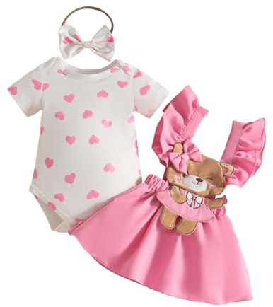 UUAISSO Vestiti per Neonata Top con Volant Gonne con Bretelle a Girasole e Fascia per Capelli Abiti Estivi Bacche rosa 0-3 mesi