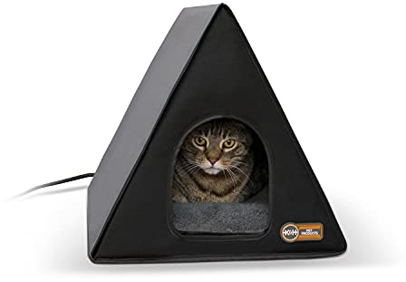 K&H Pet Products Heated Outdoor Cat House A-Frame, Weatherproof Shelter for Strays & Ferals, Safety Listed Insulated Outdoor Kitty House, Removable Door Flap - Gray/Black 18 X 14 X 14in 20W