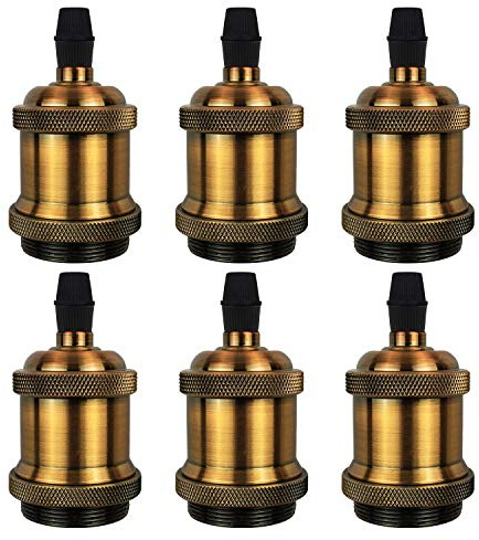 DiCUNO E26 Vintage Lamp Socket, Edison Pendant Light Socket Replacement, Antique Retro Hanging Lamp Holder for Industrial, Decorative, DIY Lighting, 600℃ Heat Resistant, 6 Packs (Vintage Brass Color)