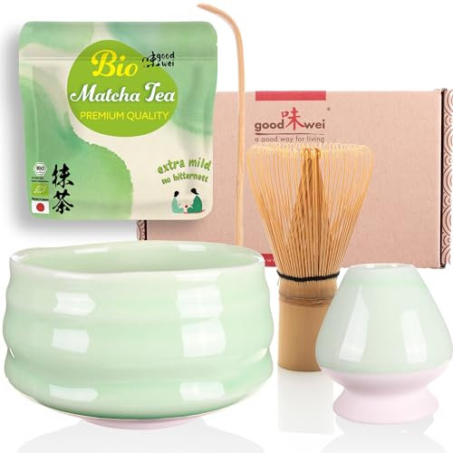 Goodwei Matcha Kit Thé Matcha BIO Japonais avec Fouet Bambou, Bol de Cérémonie en Céramique et support à fouet | Coffret cadeau (Minto)