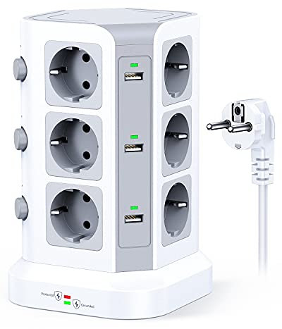 KOOSLA Multipresa protezione sovratensione(4000W/16A), Ciabatta multipresa verticale con 12 prese e 6 slot USB-A, Torretta multipresa con 3 interruttori indipendenti, 2M Cavo, Bianco