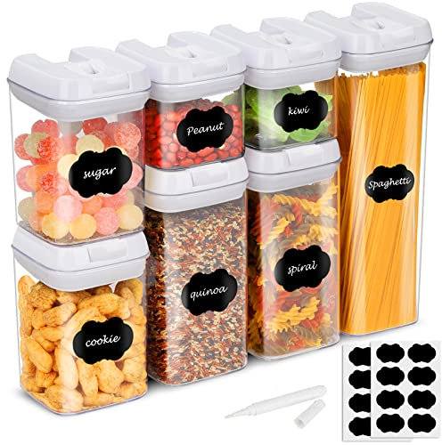 Yitriden 7 PC Food Storage Container Set White with Labels & Marker, Kitchen & Pantry Clear Plastic Organization Canisters with Durable Lids,Ideal for Flour, Cereal, Spaghetti, Pasta & More