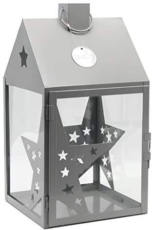 Dekovita Lanterne métal 38cm Maison Lumineuse étoilée - Lanterne de Jardin avec Fenêtres en Verre - Lampion Deco