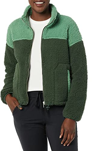 Amazon Essentials Women's Fleece Zip-Up Sherpa Jacket with Stand Neck, Dark Green Sage Green Shearling, S