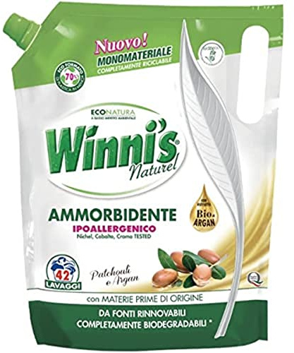 Winni's Adoucissant lavelinge hypoallergénique en écoformat, 42 lavages, convient aux peaux les plus sensibles, extrait biologique d'argan et de patchouli, avec matières premières d'origine
