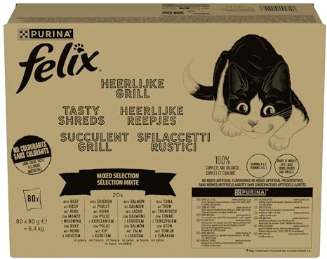 Felix | Succulent Grill | Aliment Complet pour Chat Adulte| Sélection Mixte : Au Poulet, Au Bœuf, Au Saumon, Au Thon| en Sauce | Portion Individuelle | 80x80g