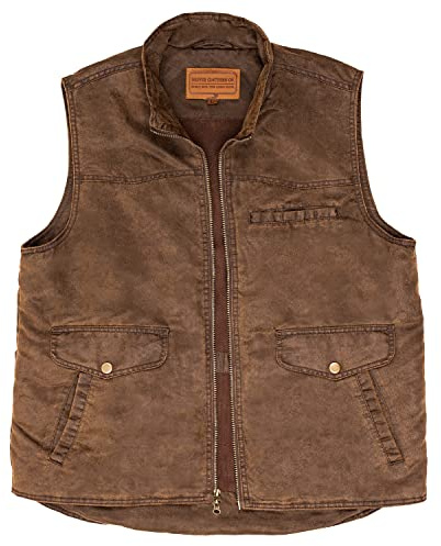 Driver Clothing Co. Men's Heavy Gauge Poly Canvas Utility Work Vest with Soft Flannel Lining and Wax Oil Weather Resistant Finish | 5 Outer Pockets and 3 Inner Pockets | Distressed Brown | Large