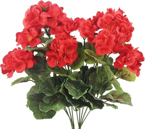 Laelfe Géranium Artificiel Rouge pour Extérieur, Faux Geranium Fausse Fleur Geraniums pour Extérieur, Intérieur, Balcon, Jardinière, Maison, Jardin, Terrasse, Table (2 Pcs)