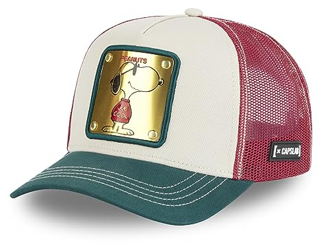 Capslab Snoopy Peanuts Metallplatta Truckerkeps beige grön röd #32906
