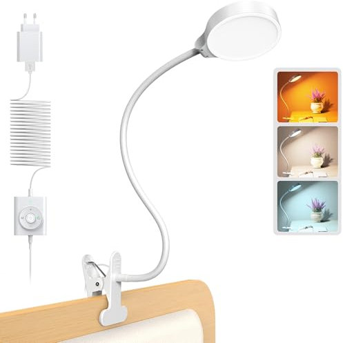 Glocusent 5W Clip on Light, 36 LED Eye Caring Reading Light for Bed, 3 Colors & 5 Brightness, Perfect for Bed/Books/Reading/Studying/Working (White with Adapter)