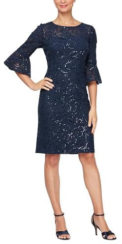 Alex Evenings Women's Short Shift Dress W/Bell Sleeves (Petite and Regular Sizes), Navy Corded Lace, 14