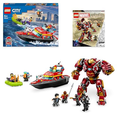 LEGO Helden-Bundle: Marvel Der Hulkbuster: Der Kampf von Wakanda (76247) & City Feuerwehrboot (60373), Avengers Actionfigur und schwimmende Spielzeug-Boote, Geschenk für Jungen & Mädchen ab 5 Jahren