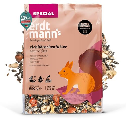 Erdtmanns Eichhörnchenfutter 600g – Nährstoffreiche Mischung aus Nüssen, Saaten & Früchten für ganzjährige Fütterung im Garten oder auf dem Balkon